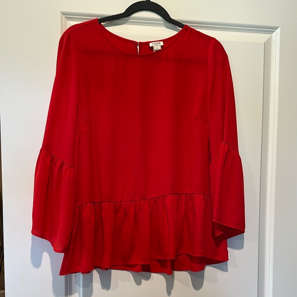 J. Crew Red Flutter Sleeve Blouse with Ruffled Details